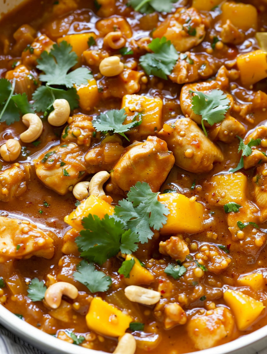 Mango chicken with peppers and nuts.