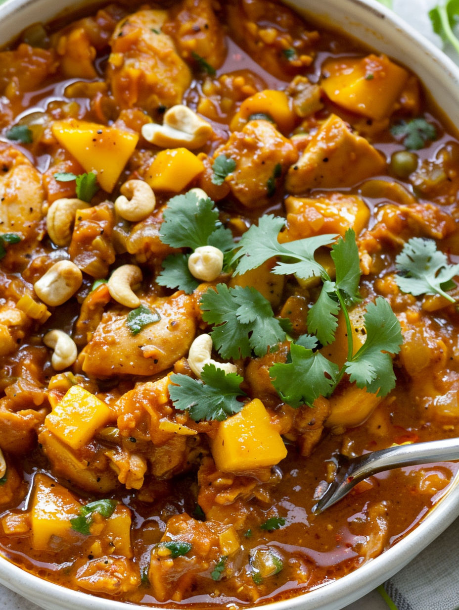 A bowl of mango chicken with a spoon.
