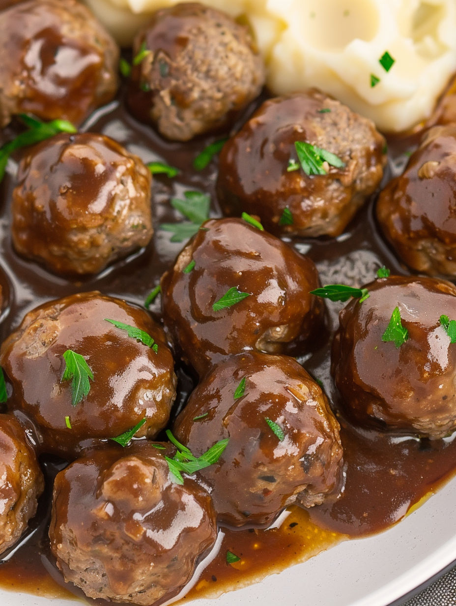 A plate of smothered meatballs.