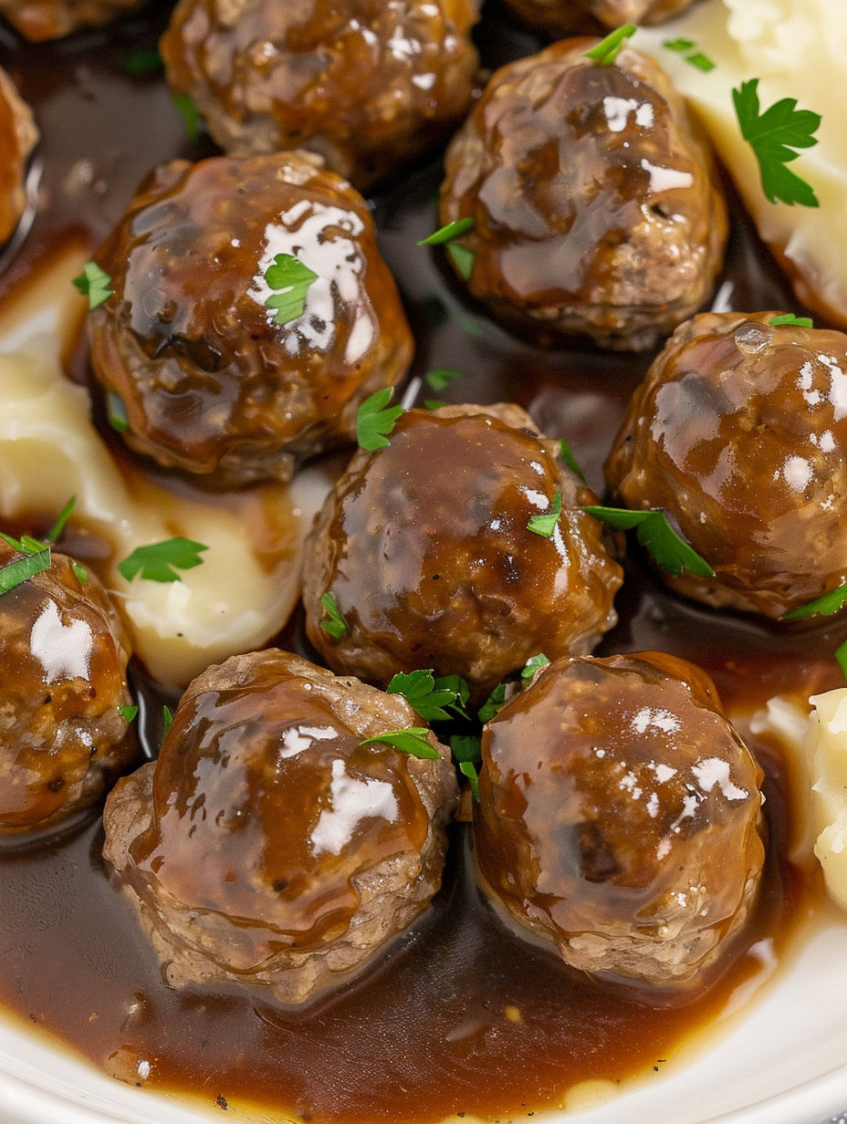 A plate of meatballs covered in gravy.