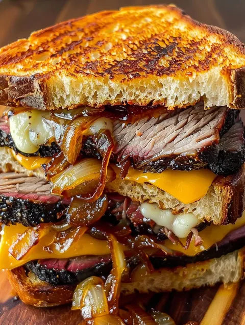 A BBQ brisket melt with cheese and onions.