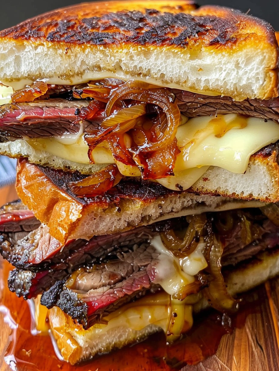 A BBQ brisket sandwich with onions and cheese.