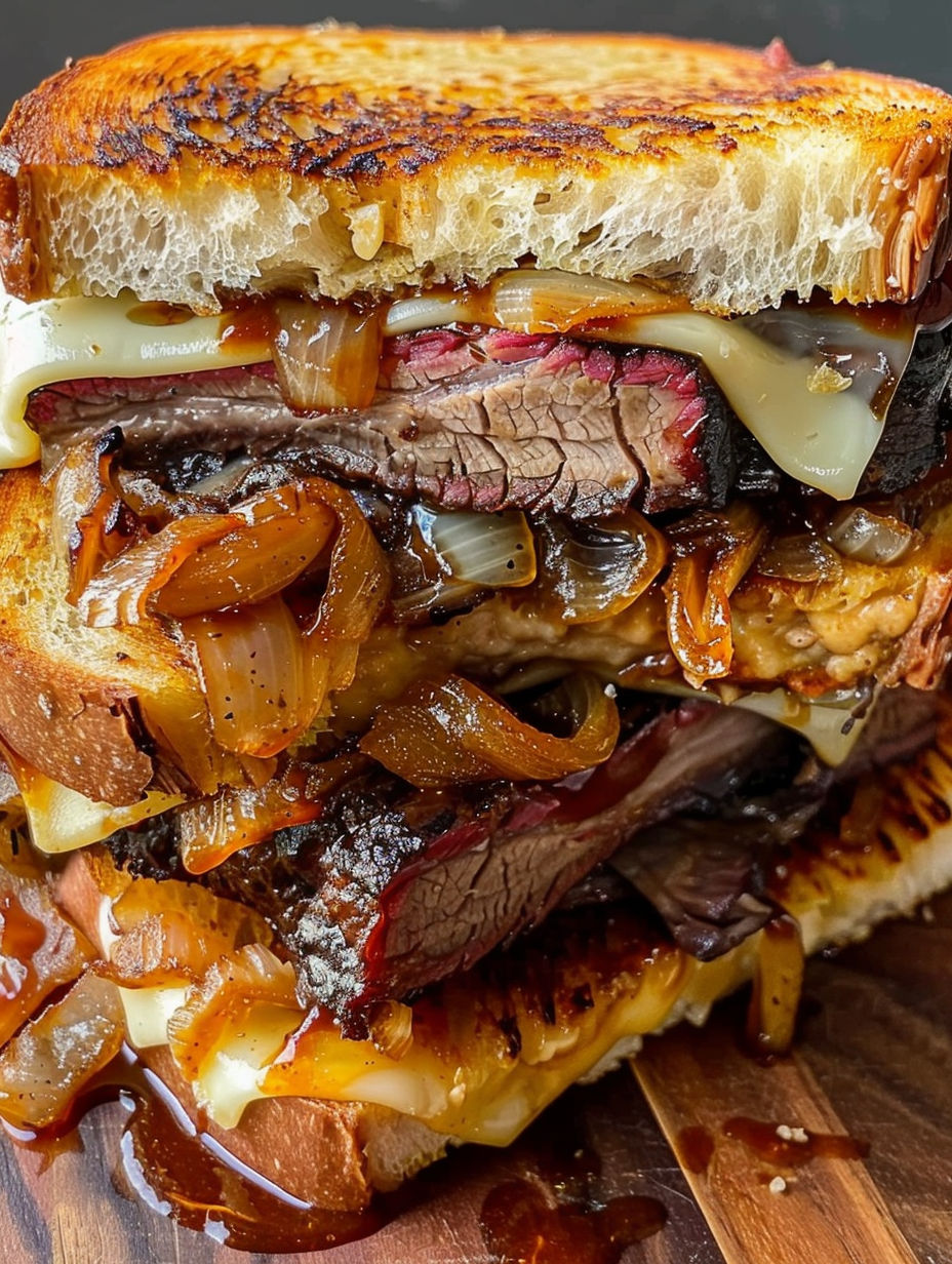 A BBQ brisket sandwich with onions and cheese.