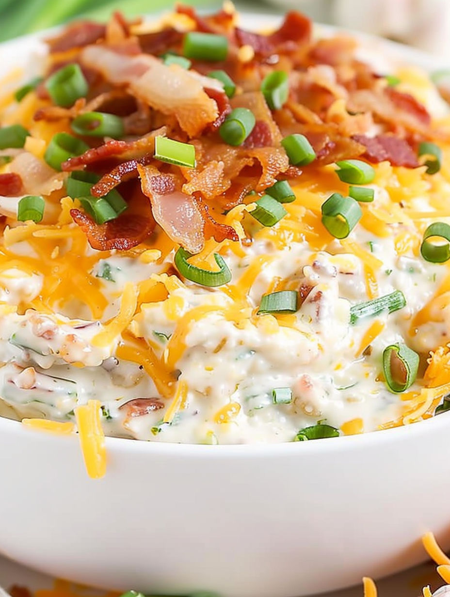 A bowl of food with bacon and cheese.