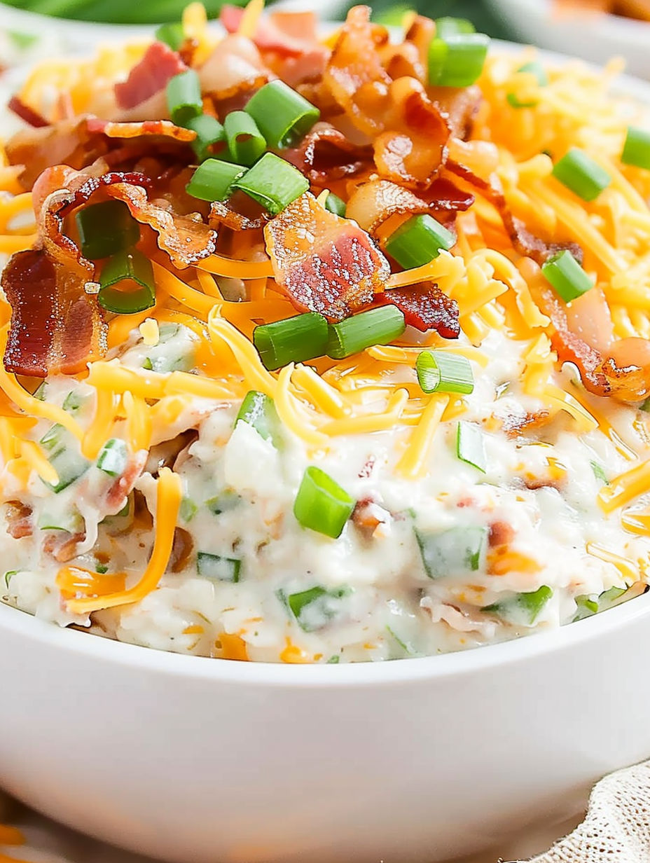 A bowl of food with bacon and cheese.