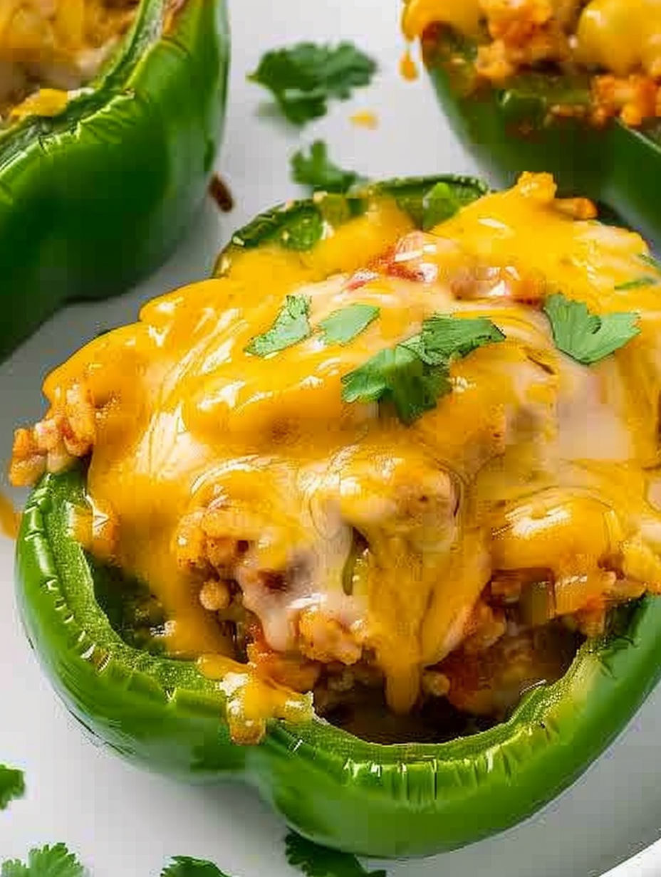 A stuffed pepper with cheese and chicken.