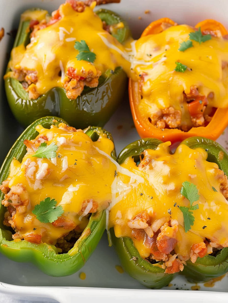 A plate of chicken stuffed peppers.