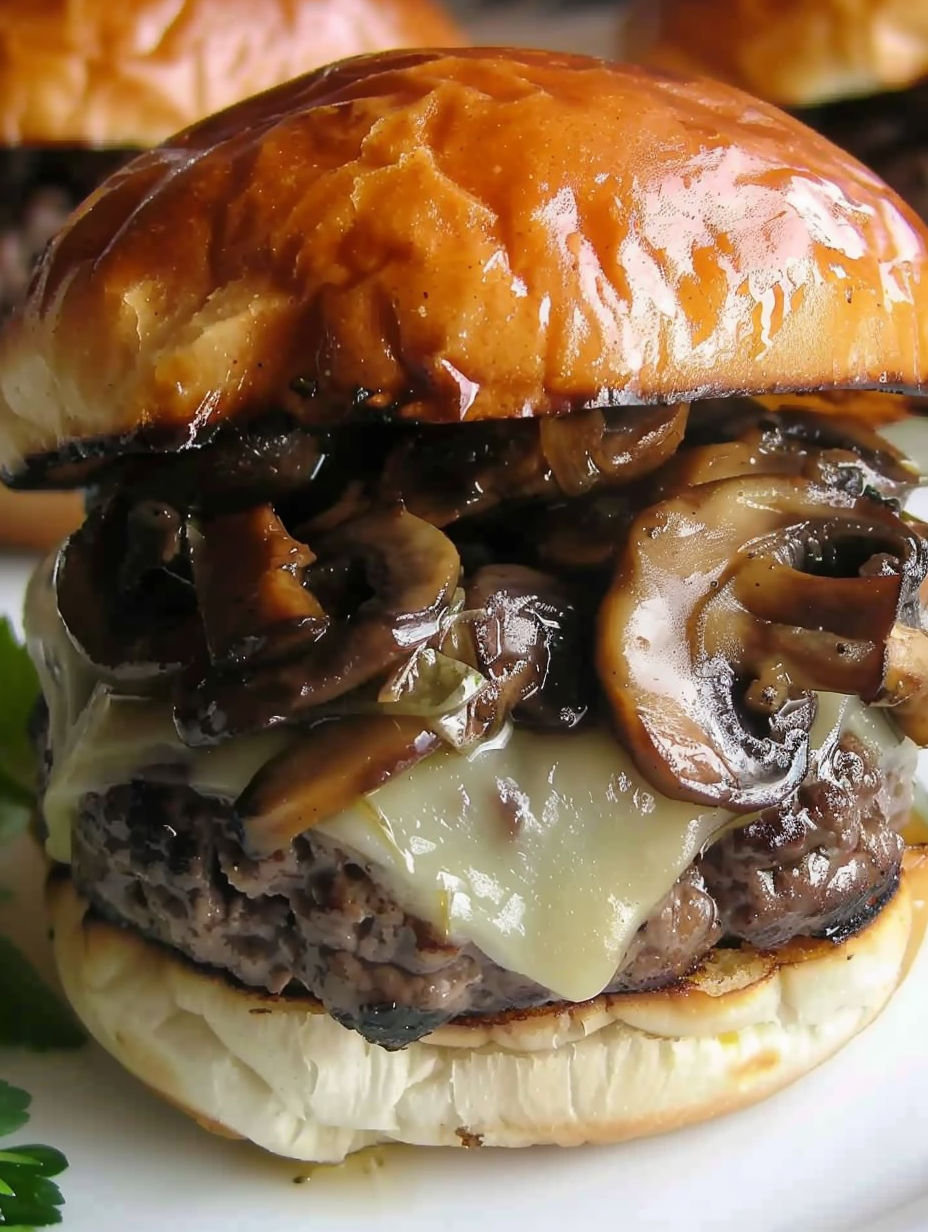 A juicy mushroom swiss burger recipe.