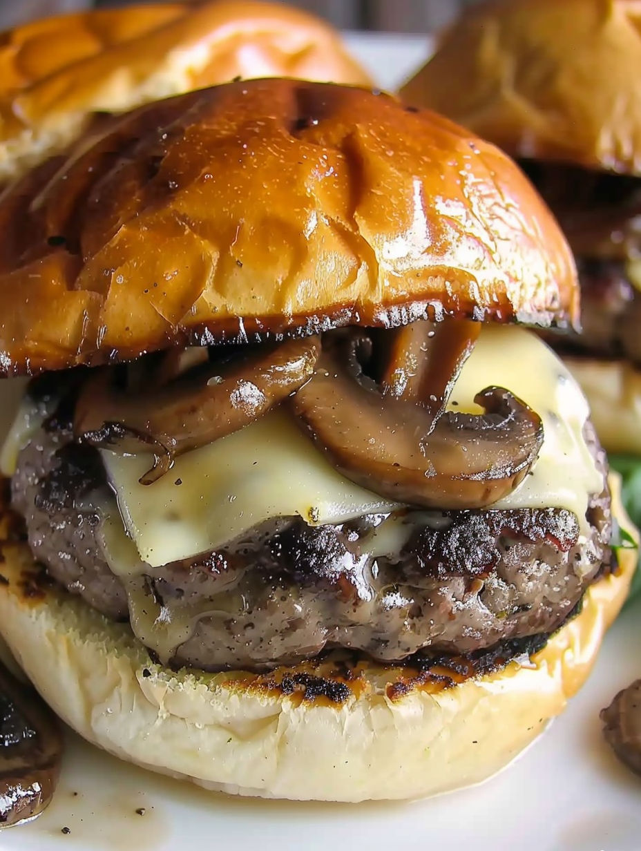 A juicy mushroom swiss burger recipe.