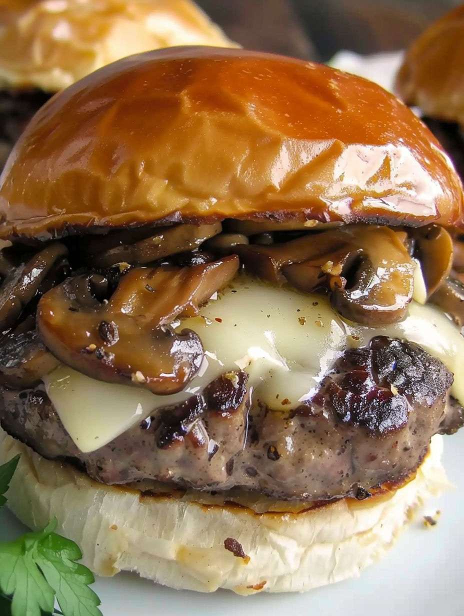 A juicy mushroom swiss burger recipe.