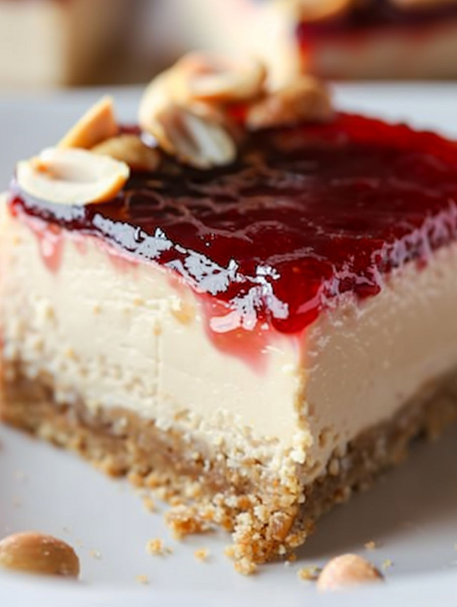 A slice of peanut butter and jelly cheesecake bars.