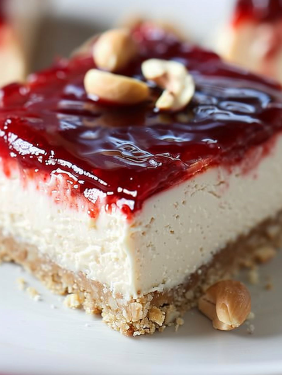 A slice of peanut butter and jelly cheesecake bars.
