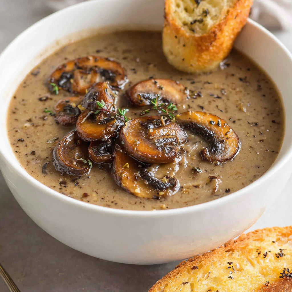 A bowl of mushroom soup with a slice of bread on the side.