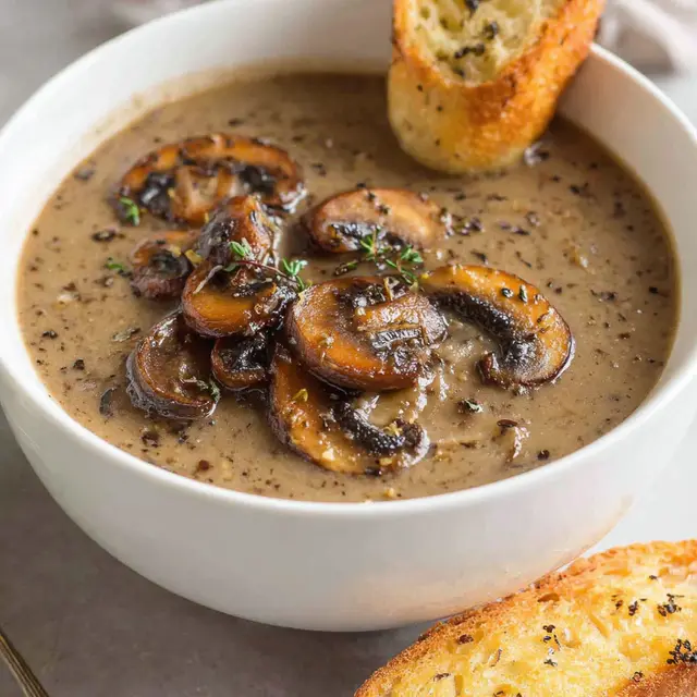 A bowl of mushroom soup with a slice of bread on the side.