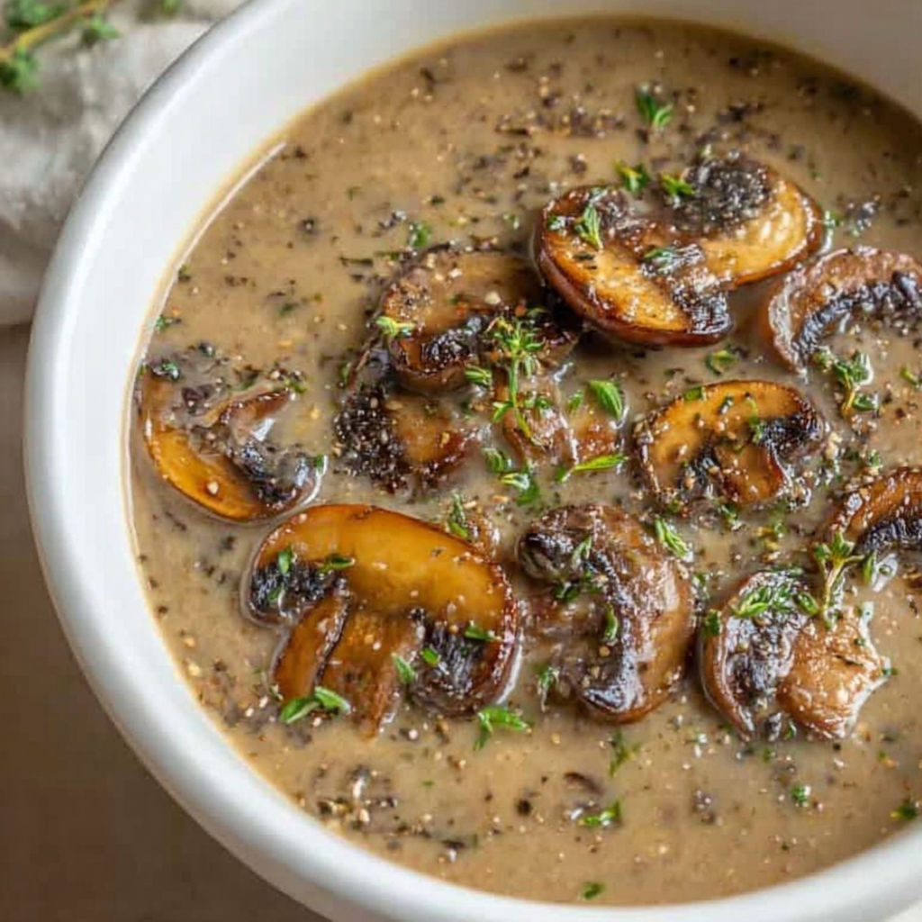 A bowl of mushroom soup with mushrooms and herbs.