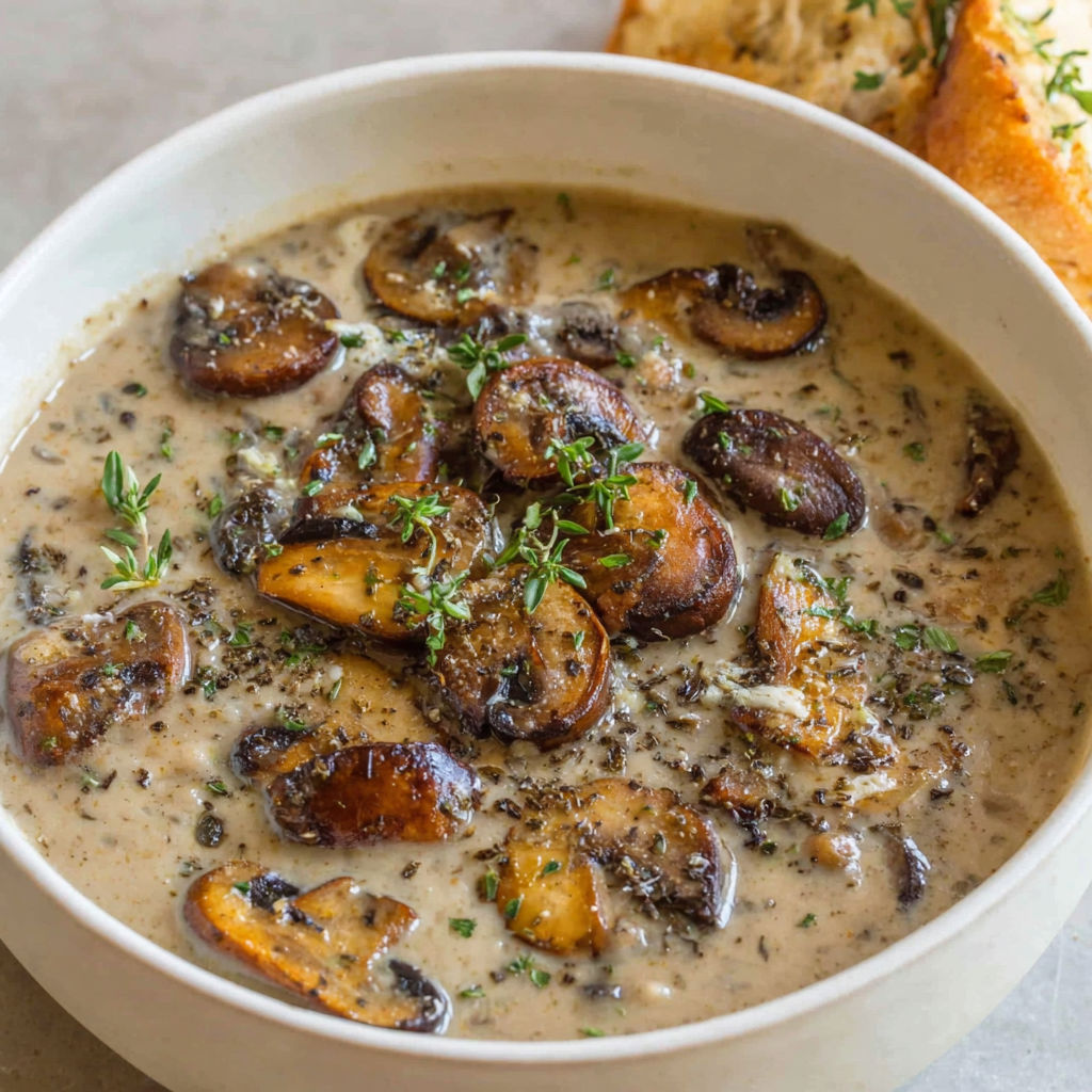 A bowl of mushroom soup with herbs on top.
