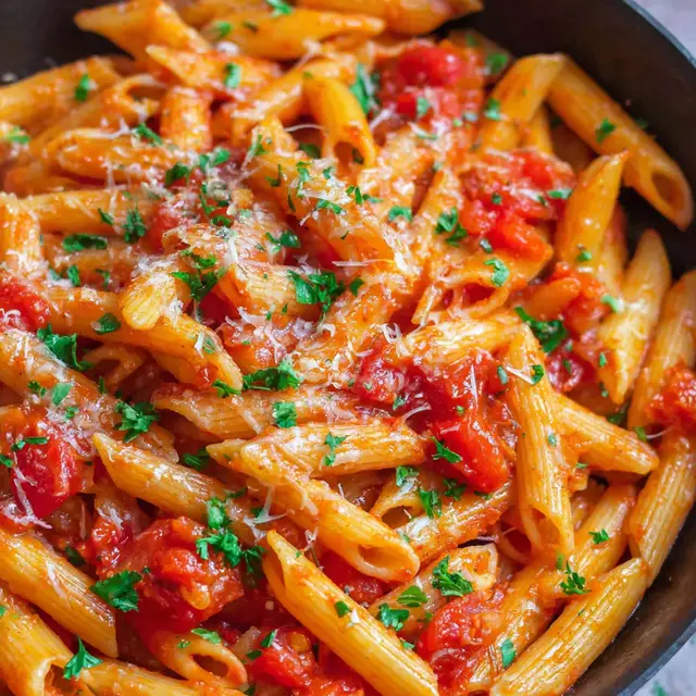 A bowl of Penne Arrabbiata with tomatoes, cheese, and herbs.