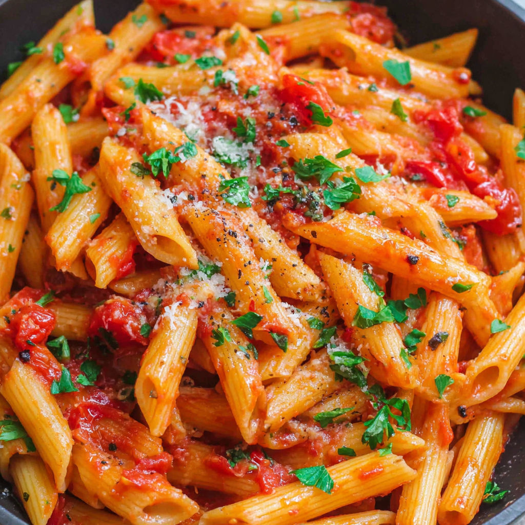 A bowl of Penne Arrabbiata with cheese and herbs.