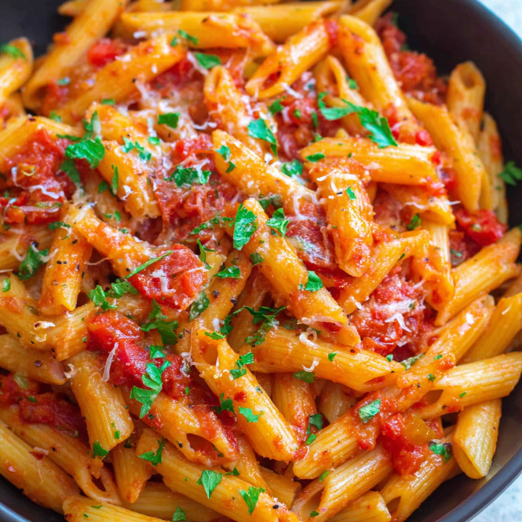A bowl of penne arrabbiata with cheese and tomatoes.