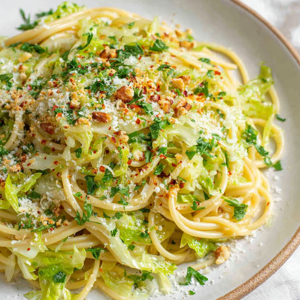 A plate of pasta with cabbage and cheese.