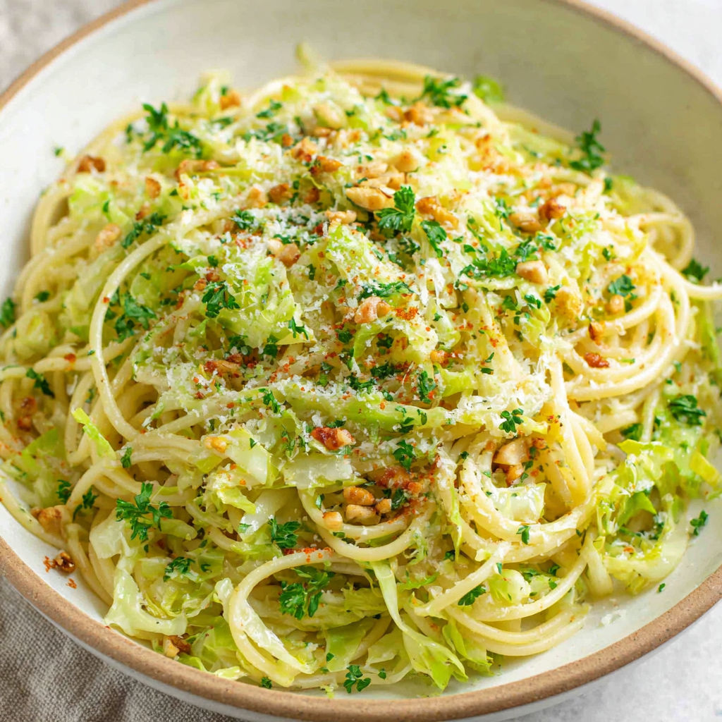 A bowl of pasta with cabbage and nuts.
