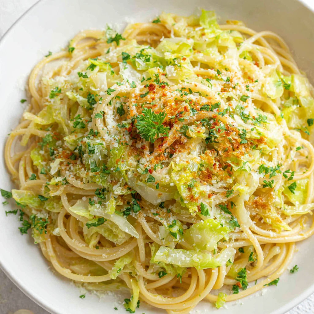 A bowl of pasta with cabbage and cheese.