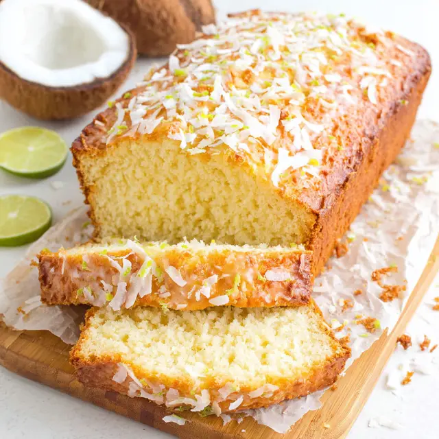 A slice of coconut bread on a wooden cutting board.