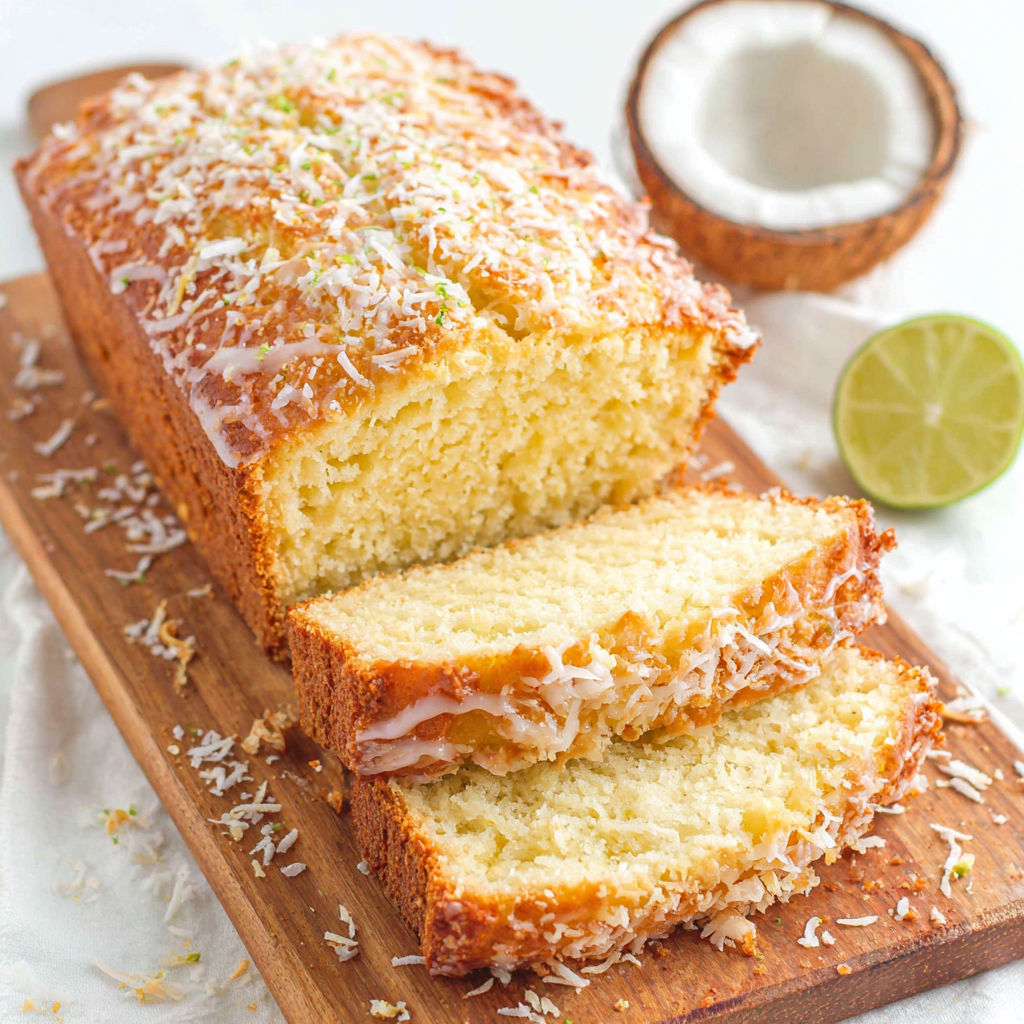 A slice of coconut cake with a lime wedge on the side.
