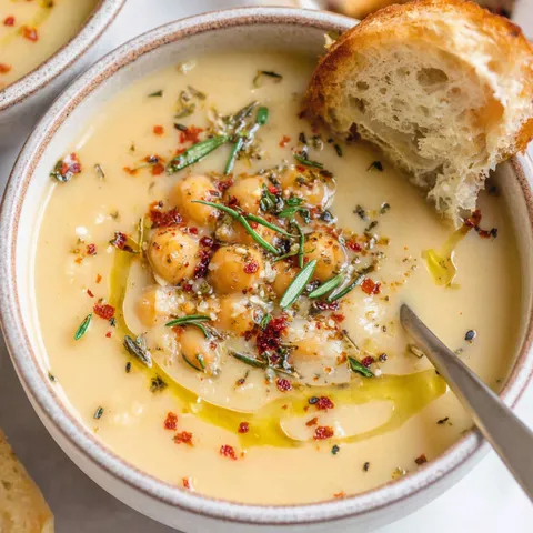A bowl of soup with a spoon in it.