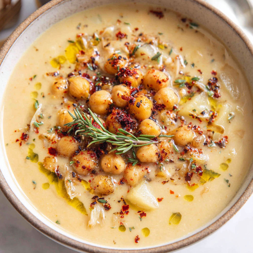 A bowl of garlic chickpea soup with a sprig of parsley on top.