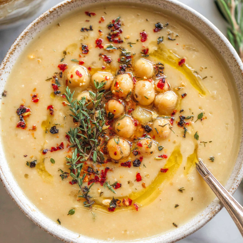 A bowl of soup with chickpeas and herbs.
