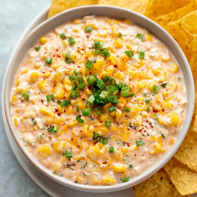 A bowl of corn dip with corn chips.
