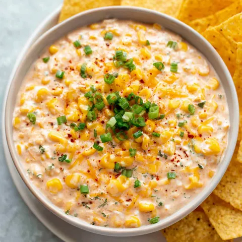 A bowl of corn dip with corn chips.
