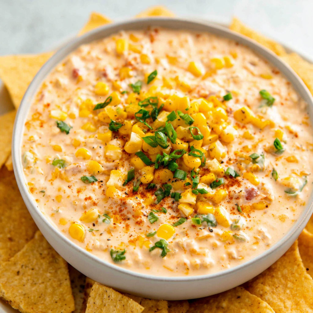 A bowl of corn dip with chips.