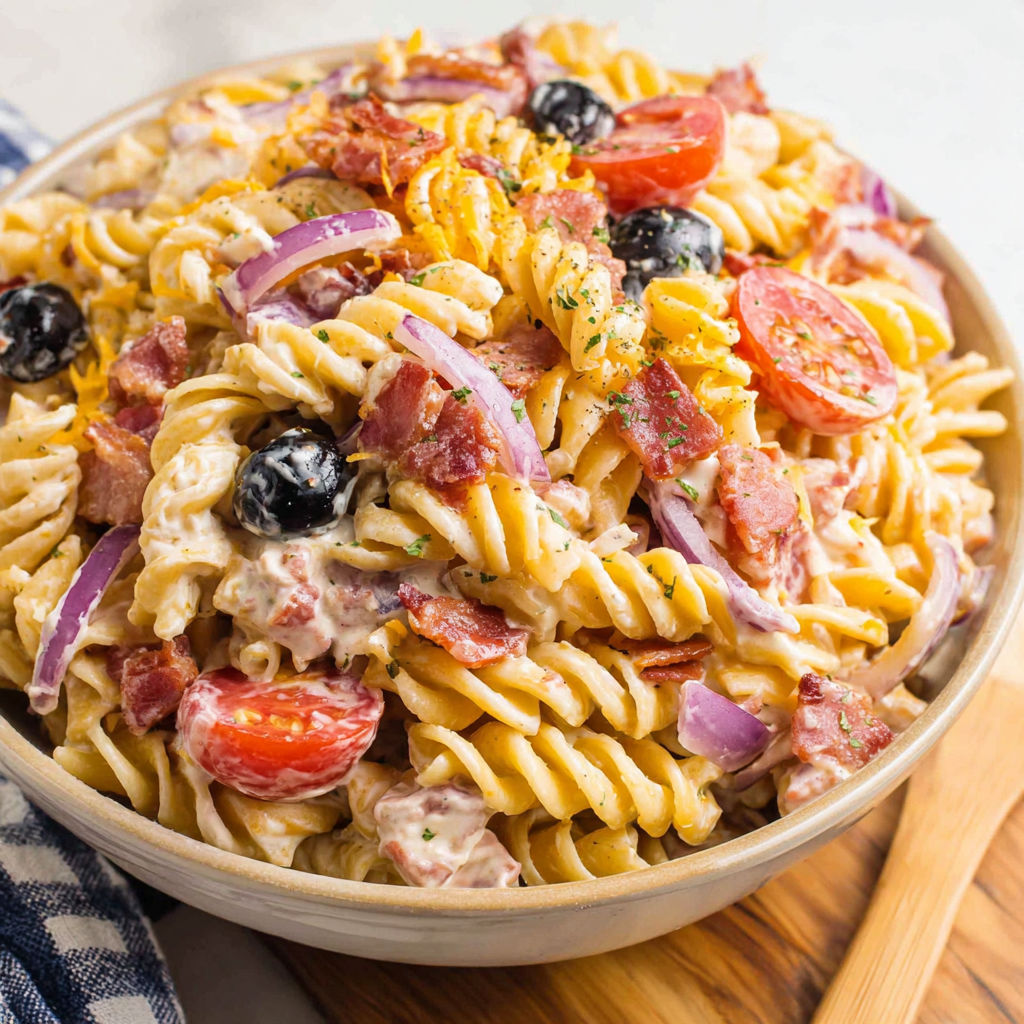 A bowl of pasta salad with bacon and tomatoes.