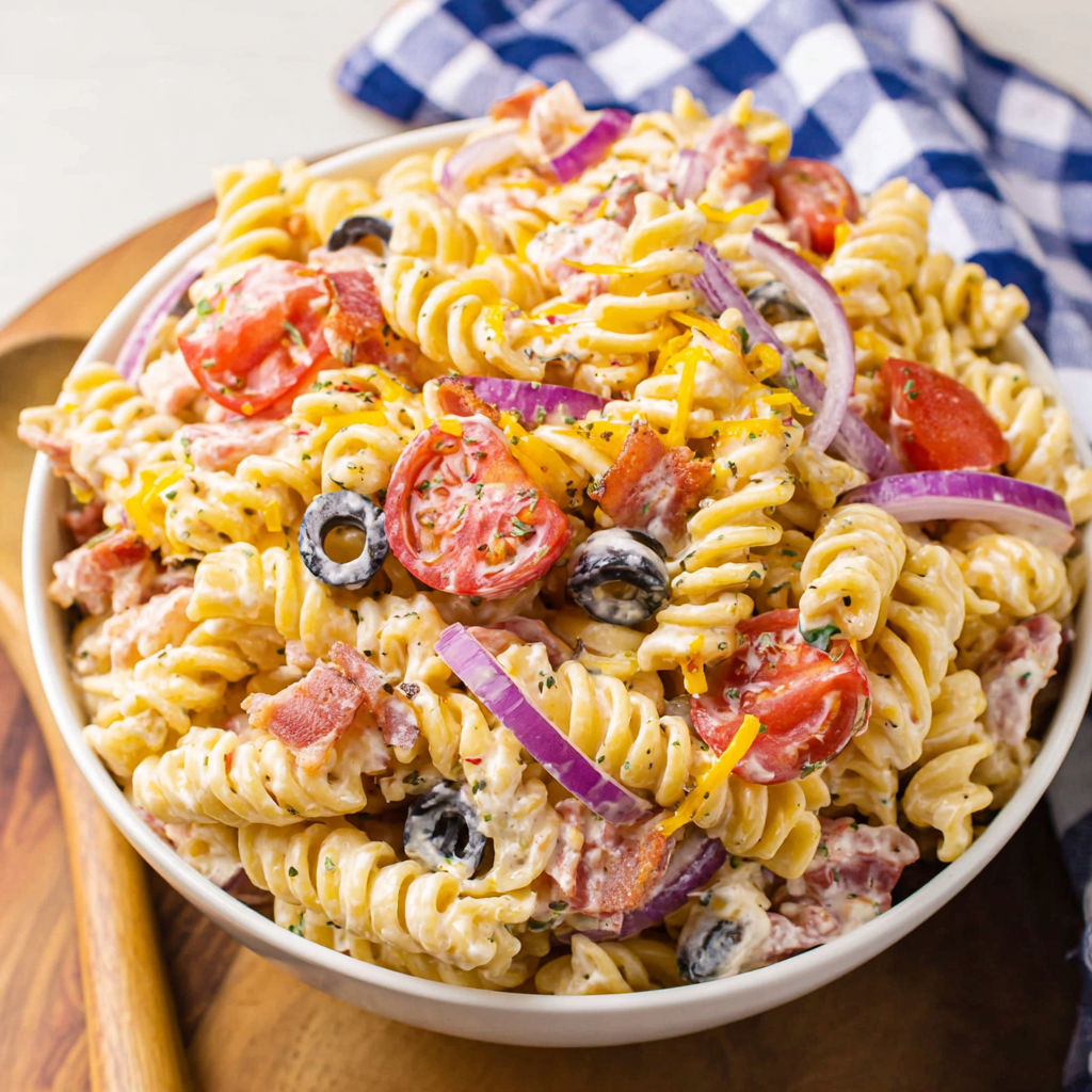 A bowl of pasta salad with tomatoes, olives, and bacon.