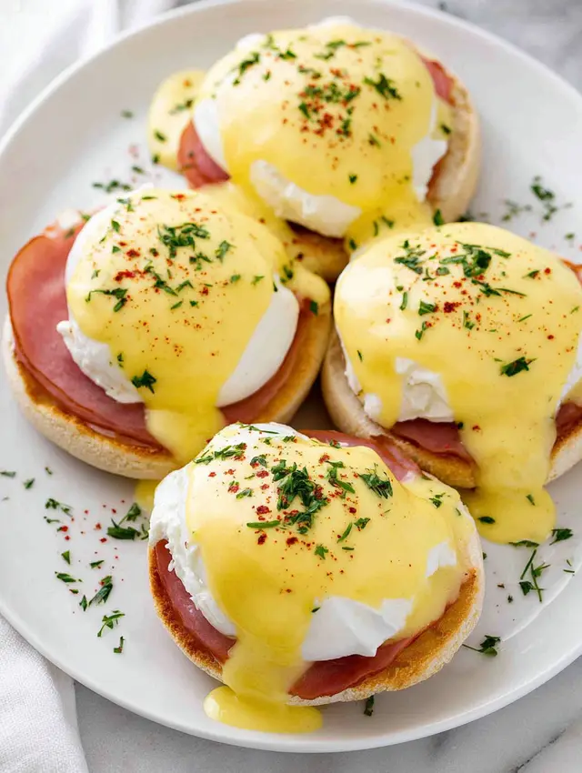 Eggs benedict on a plate.