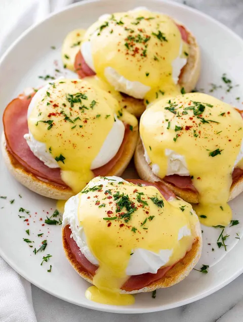 Eggs benedict on a plate.