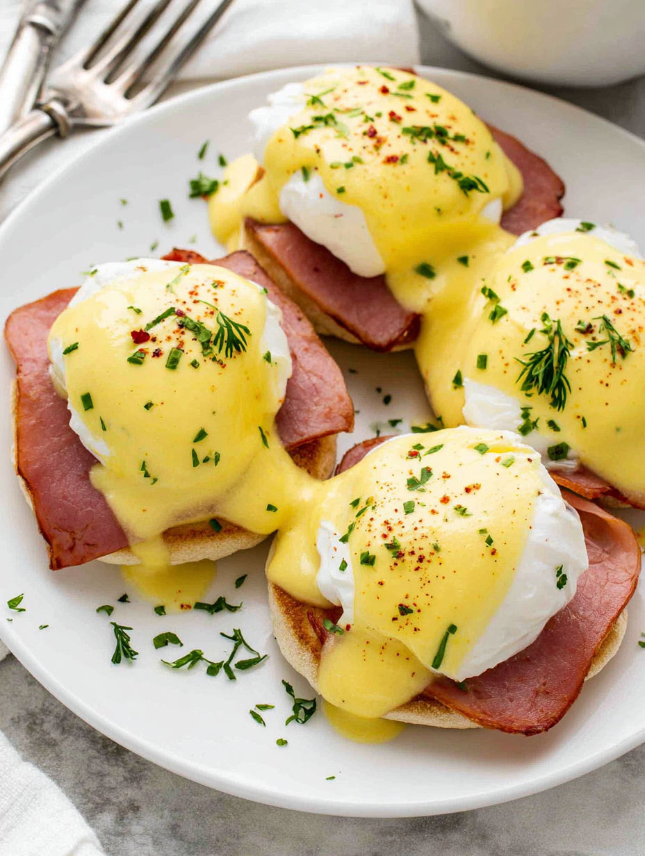 Four eggs benedict with ham and cheese.