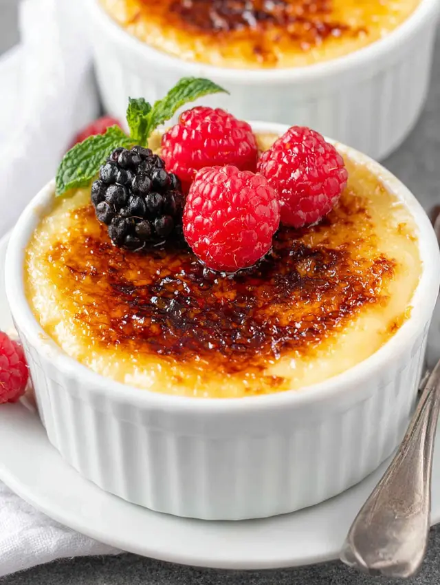 A creme brulee with berries on top.