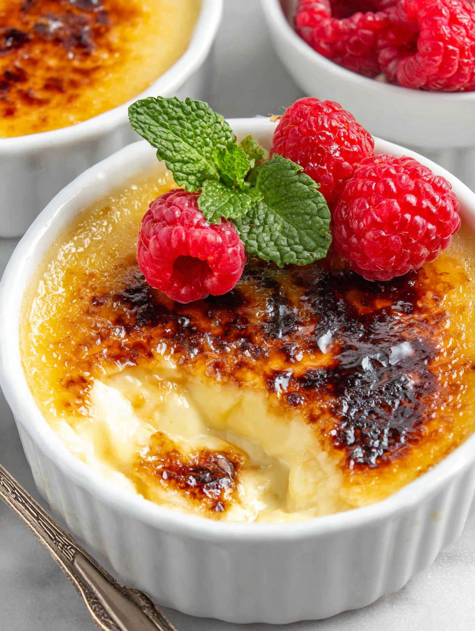 A creme brulee with raspberries on top.