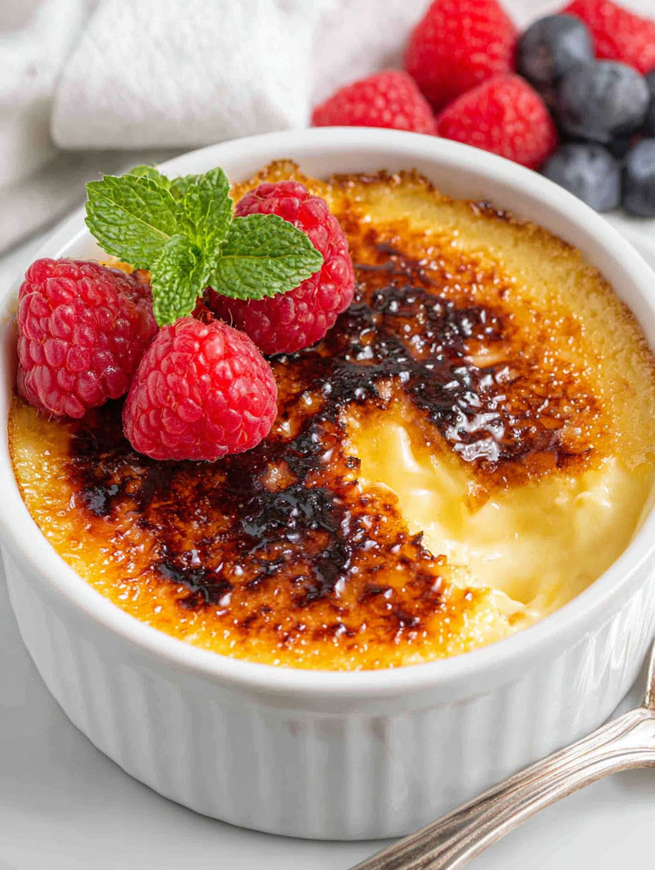 A bowl of creme brulee with raspberries on top.