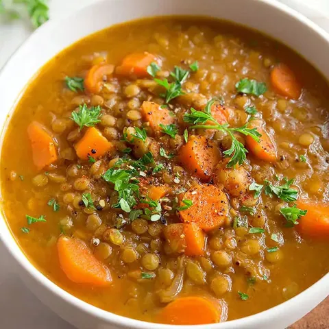 A bowl of soup with carrots and lentils.