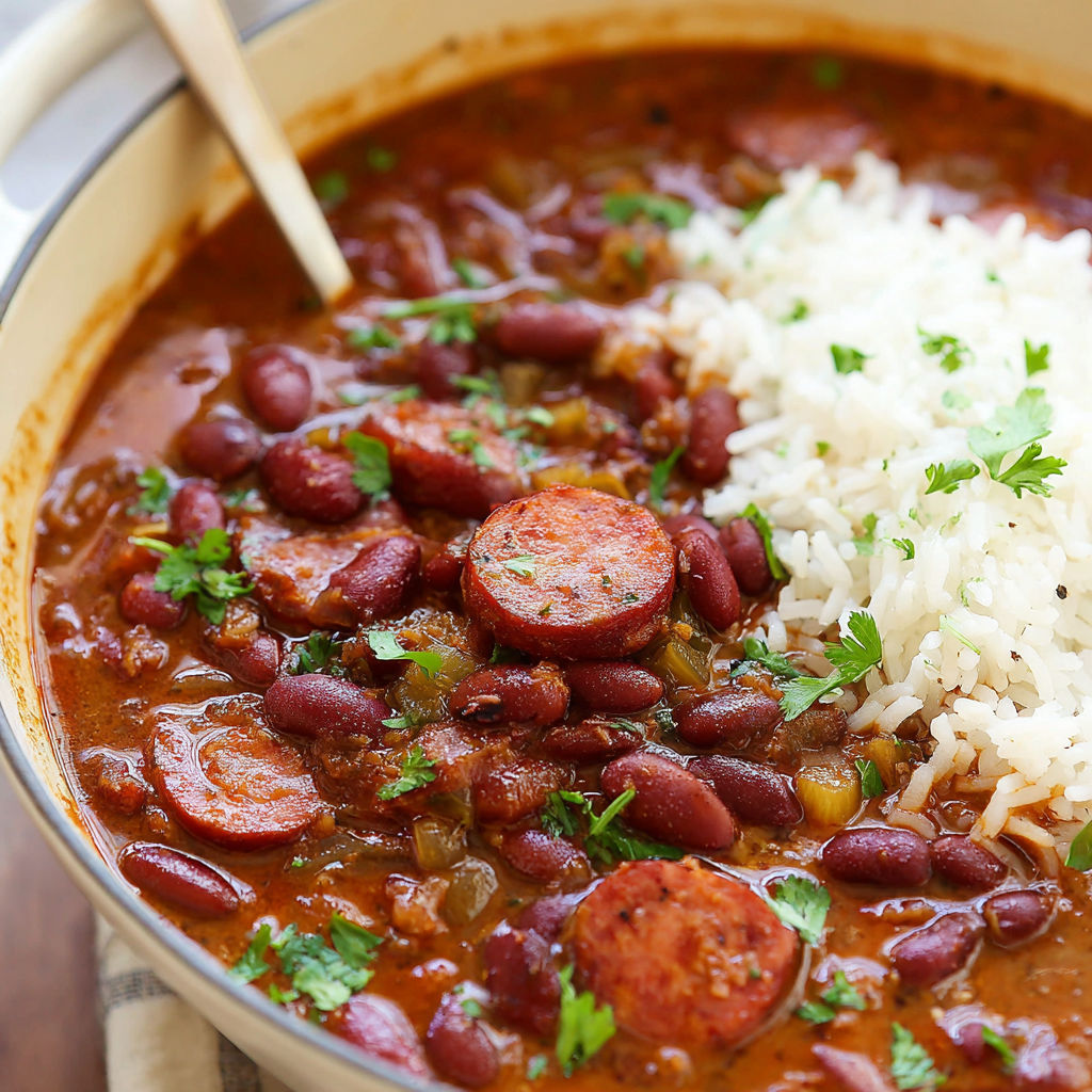 A bowl of red beans and rice with a spoon in it.