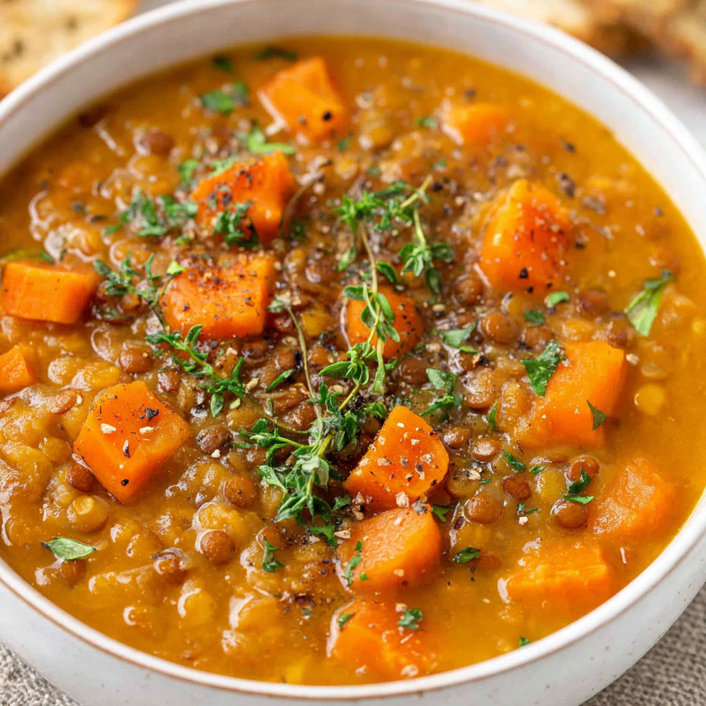 A bowl of soup with carrots and lentils.