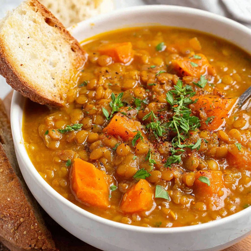 A bowl of soup with carrots and lentils.