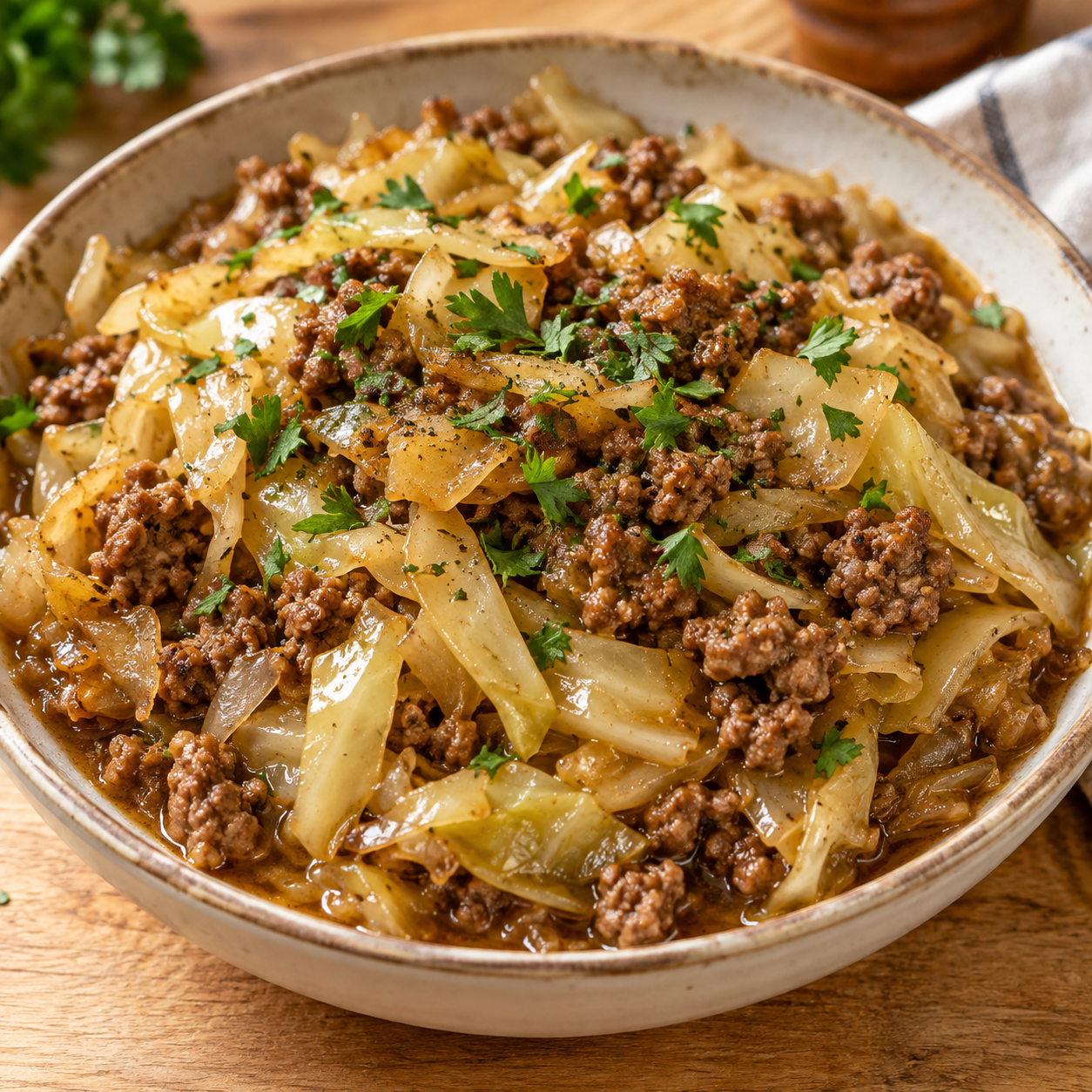 Schmorkohl mit Hackfleisch, Petersilie und sämiger Sauce in einer Schale