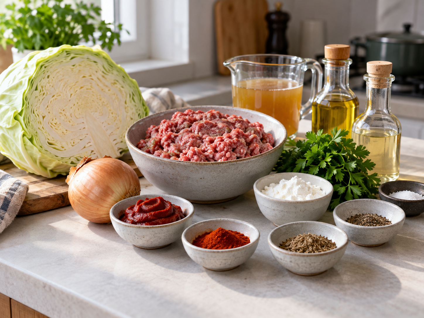Zutaten für Schmorkohl mit Hackfleisch auf heller Arbeitsfläche