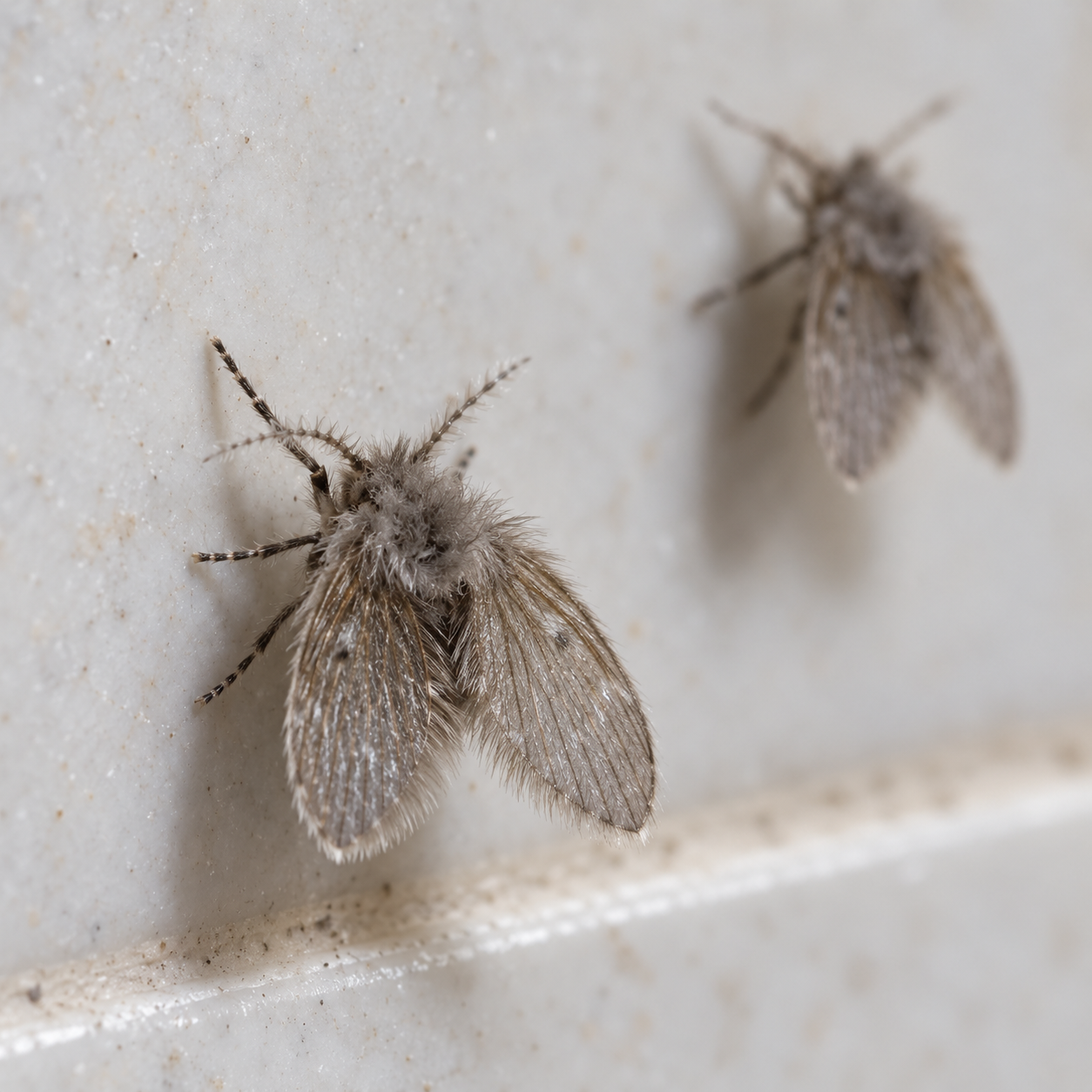 Zwei kleine, grau behaarte Abflussfliegen sitzen auf einer hellen Badezimmerfliese.