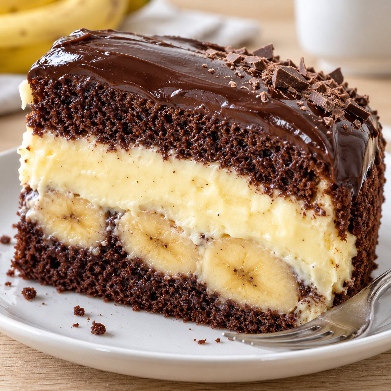 Affenkuchen mit Banane, Vanillecreme und glänzendem Schokoguss